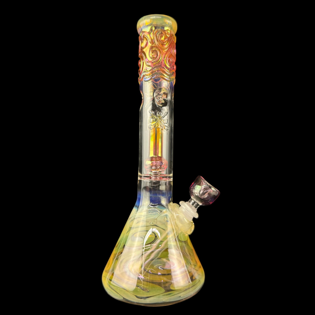 Gold Fume Double Perc Worked 38mm Beaker Waterpipe by Mary Jane's Glass