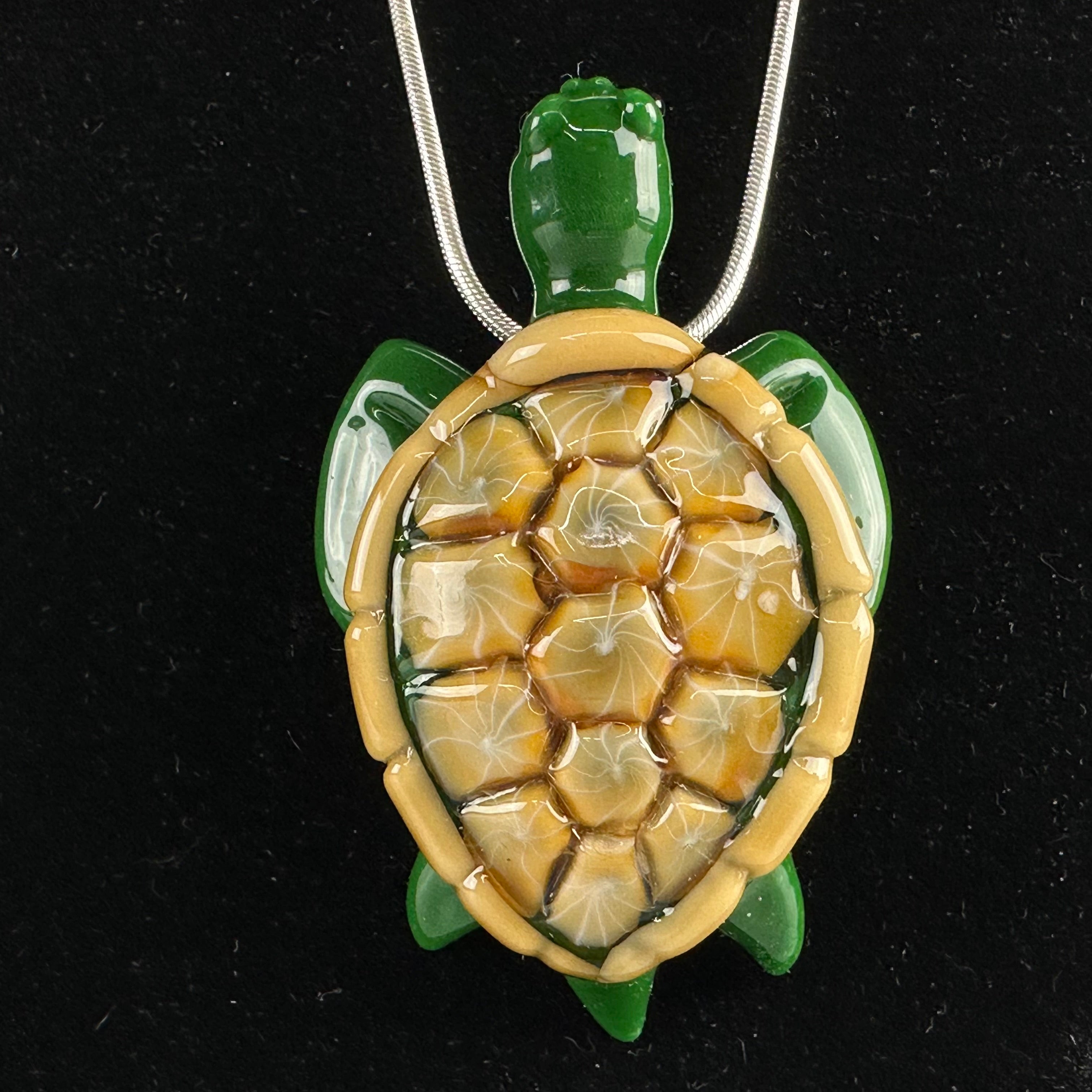 Forrest Green & Caramel Sea Turtle Pendant by Turtle Time Glass