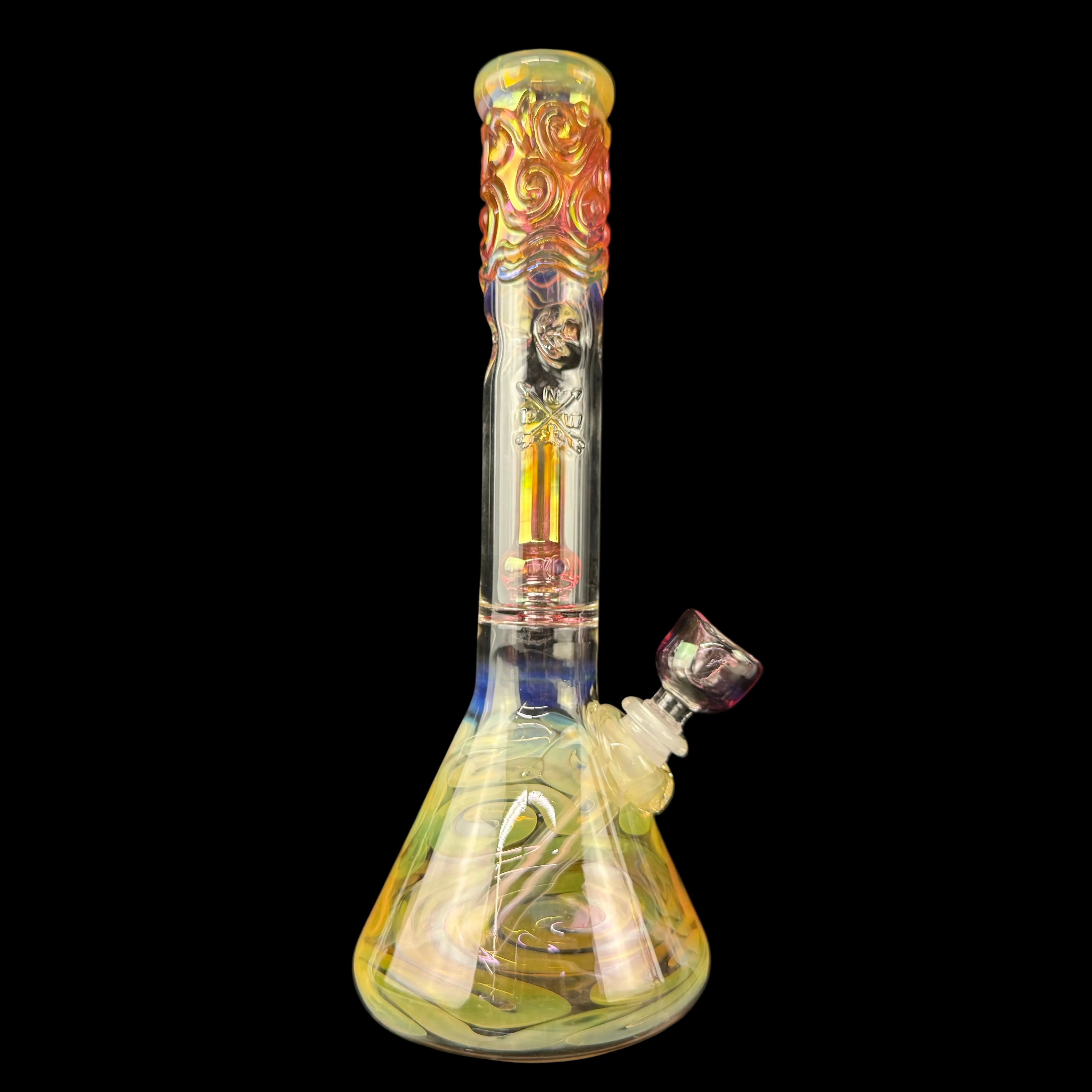 Gold Fume Double Perc Worked 38mm Beaker Waterpipe by Mary Jane's Glass