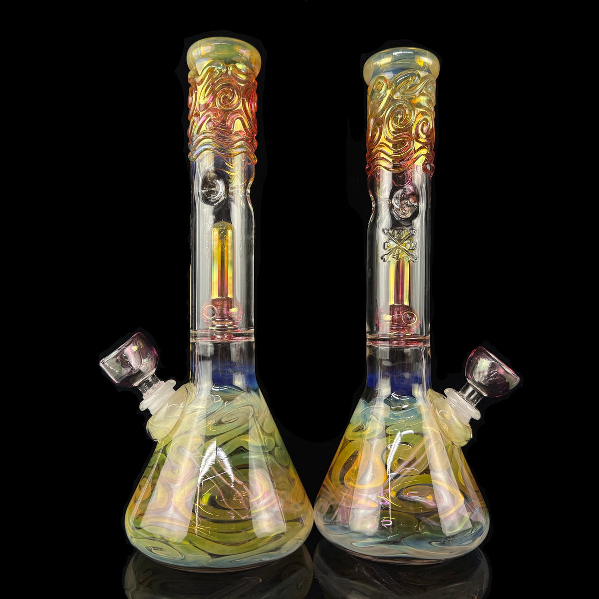 Gold Fume Double Perc Worked 38mm Beaker Waterpipe by Mary Jane's Glass