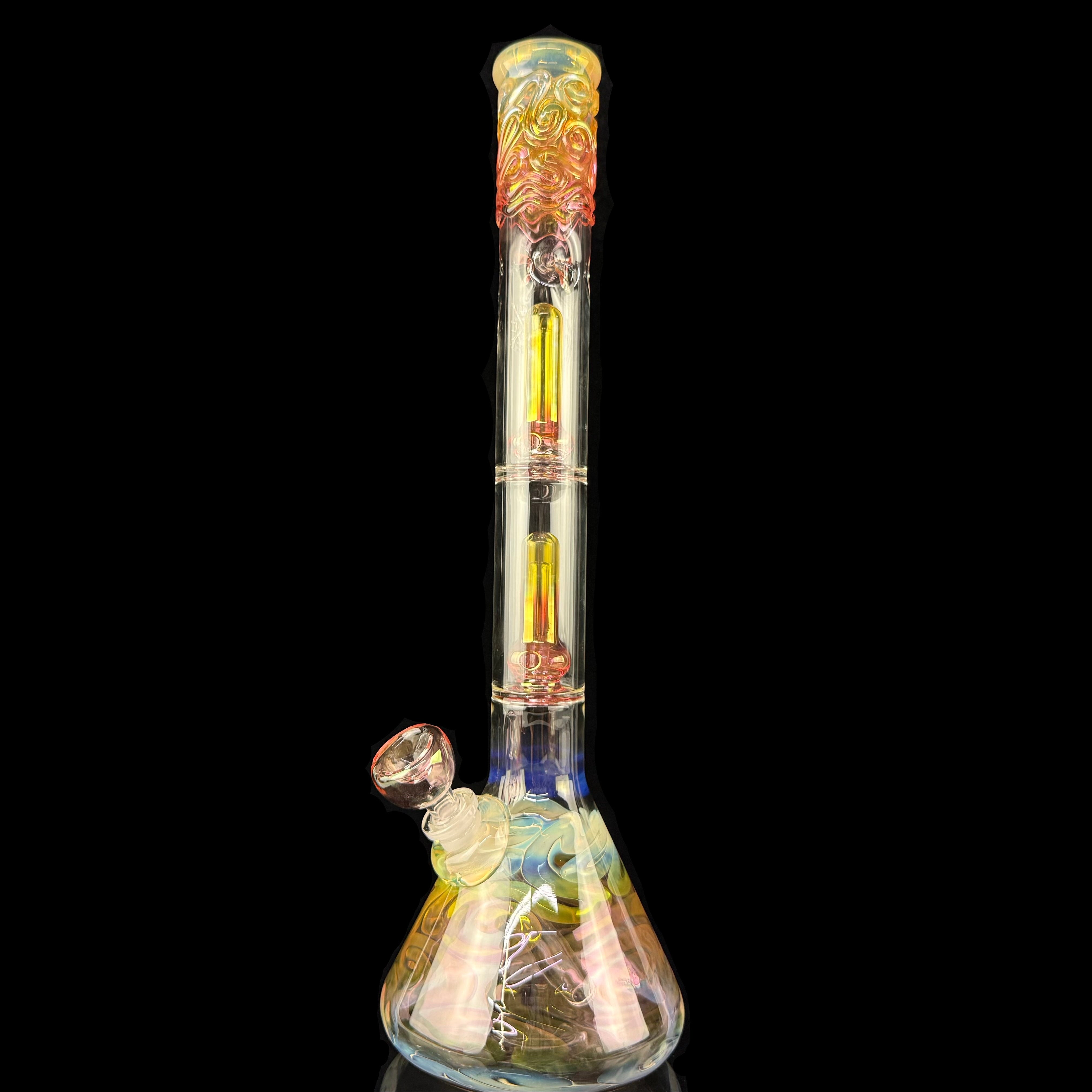 Gold Fume Triple Perc Worked 38mm Beaker Waterpipe by Mary Jane's Glass